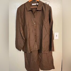 Caran Lagenlook Brown Button-Up Shirt and Pants Set Ramie Rayon 2X NWT